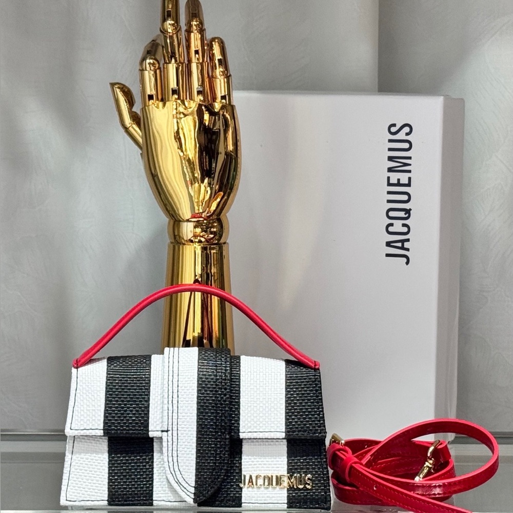 Jacquemus Black and White Striped Bag with Red Strap